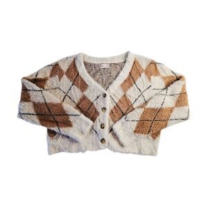Argyle Womens Chunky Button Sweater Cardigan XL Brown Cream White Cozy